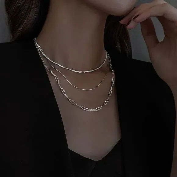 Brand New 925 Sterling Silver Layered Necklace Sparking 3pc Set Minimalist Chain - Picture 7 of 9